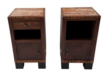 Two Art Deco Nightstands or Bedside Tables with Multi-Colored Marble Tops, 1930s